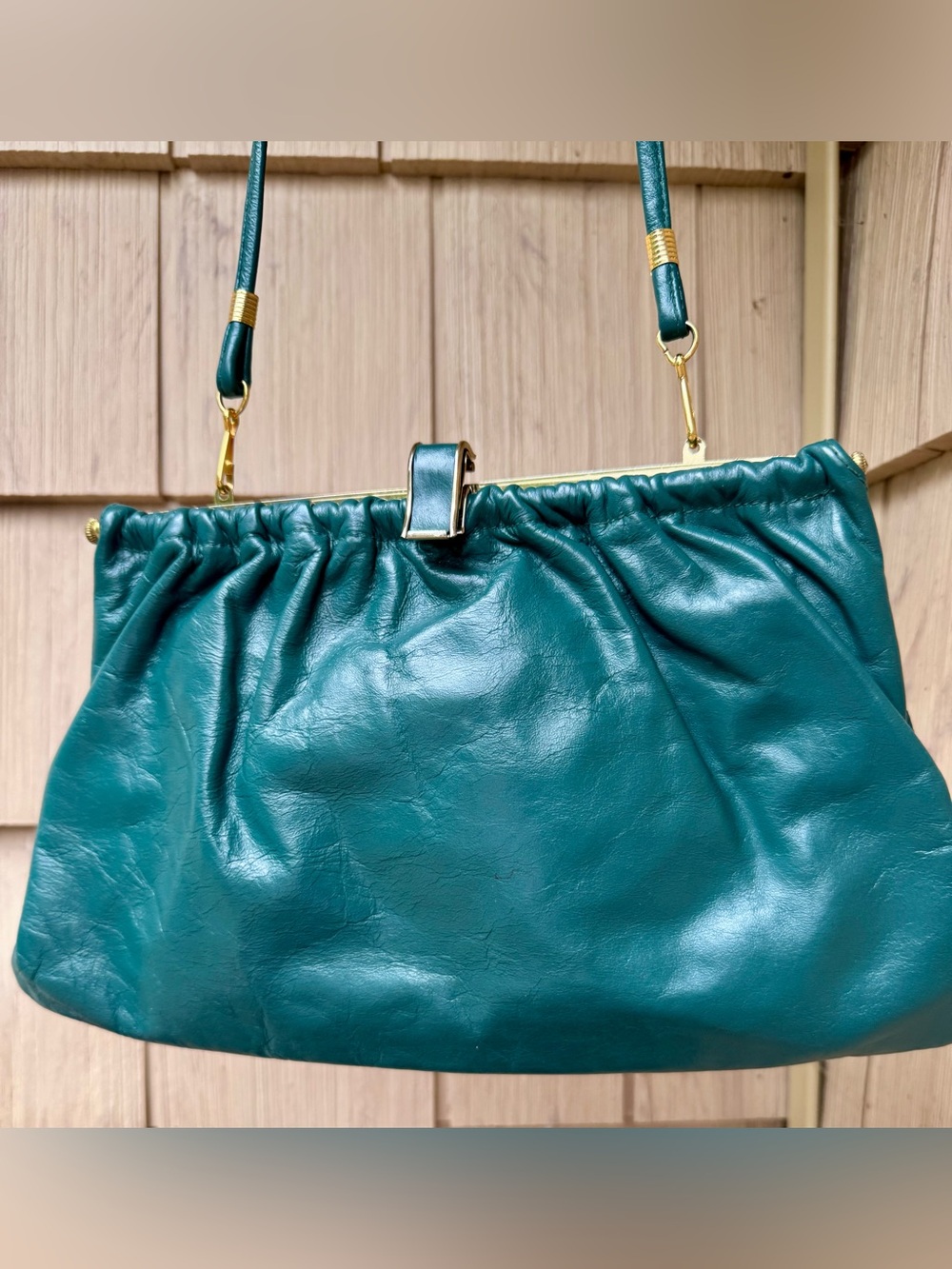 Vintage Ruched Emerald Green Leather Handbag/Clutch with Elegant Gold  Details